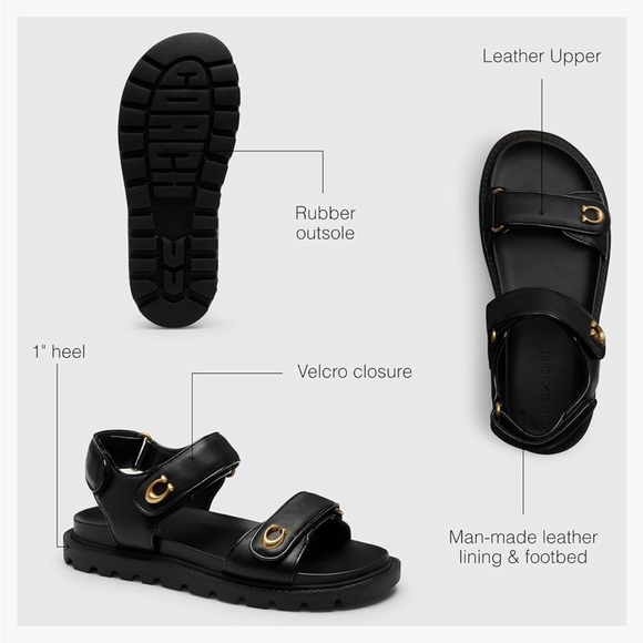 COACH Women's Brynn Sandal Black Gold-Accented Leather Sandals - Picture 2 of 4